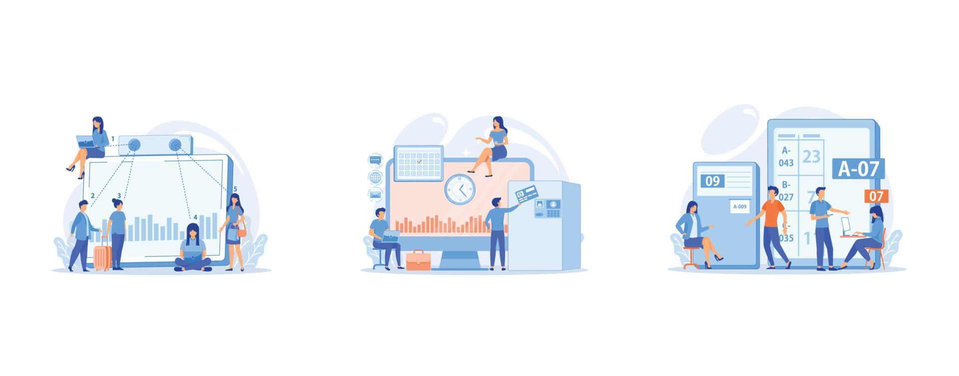 elektronisch apparaat voor meten aantal doorgang mensen, werk prestatie Aan schema, aan het wachten kamer met ticket systeem, reeks vlak vector modern illustratie