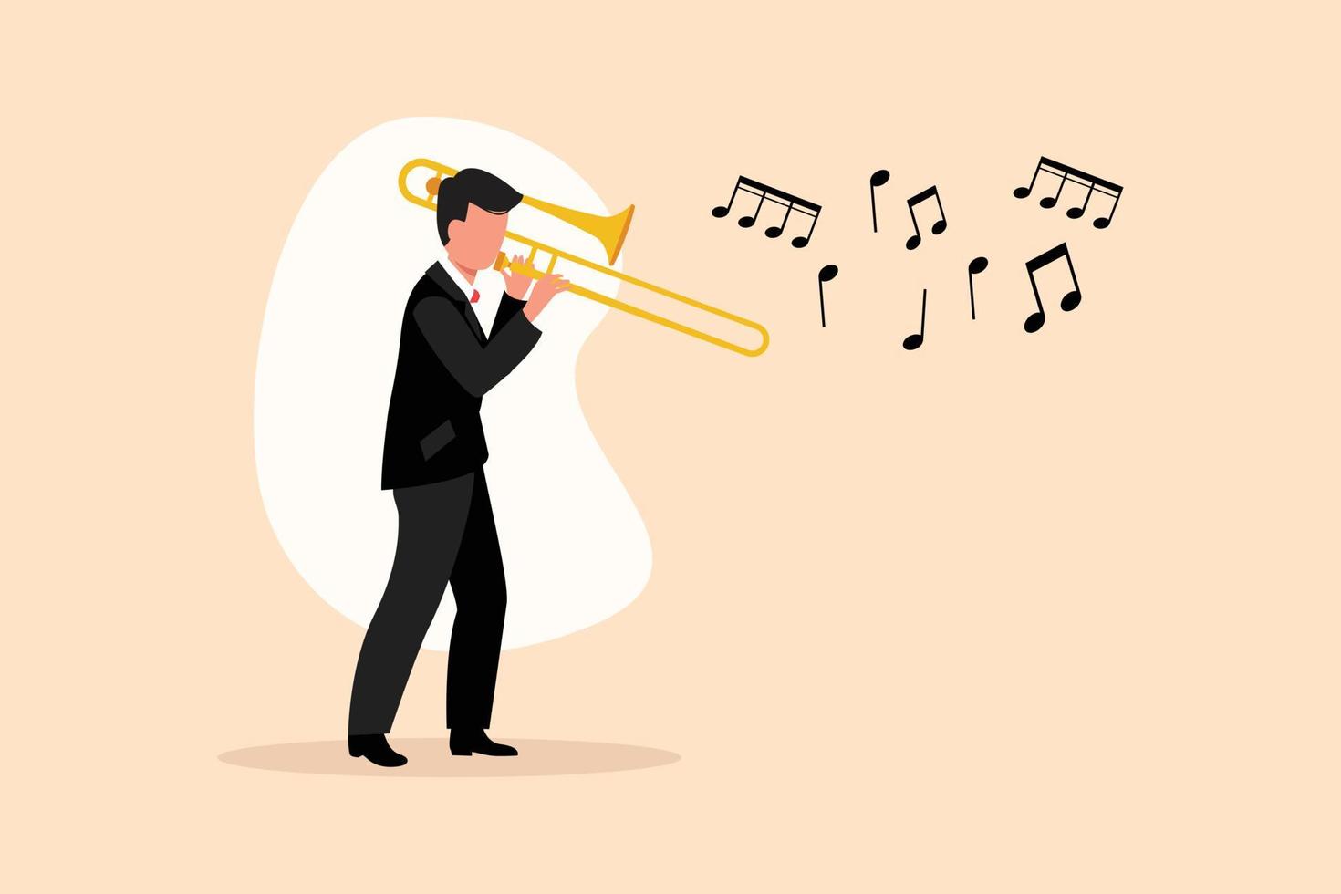 bedrijf vlak tekening trombone speler. mannetje performer Speel wind instrument. muziek- artiest jongen. jazz- Mens. musicus Speel trompet. amusement. klassiek muziek- evenement. tekenfilm ontwerp vector illustratie