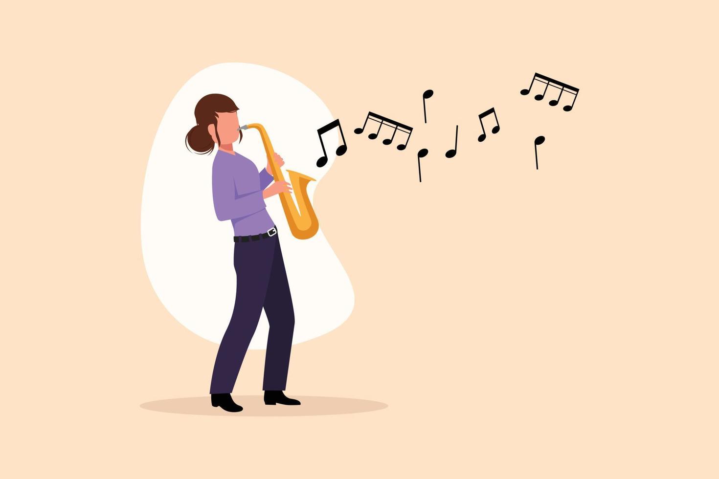 bedrijf vlak tekenfilm stijl tekening saxofonist. jazz- of blues musicus, vrouw Toneelstukken saxofoon. vrouw performer in festival jazz- muziek, jazz- band optredens. grafisch ontwerp vector illustratie