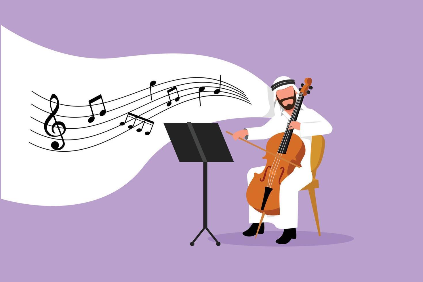 bedrijf ontwerp tekening jong Arabisch mannetje performer spelen Aan contrabas. cellist Mens spelen cello, musicus spelen klassiek muziek- instrument. vlak tekenfilm karakter stijl vector illustratie