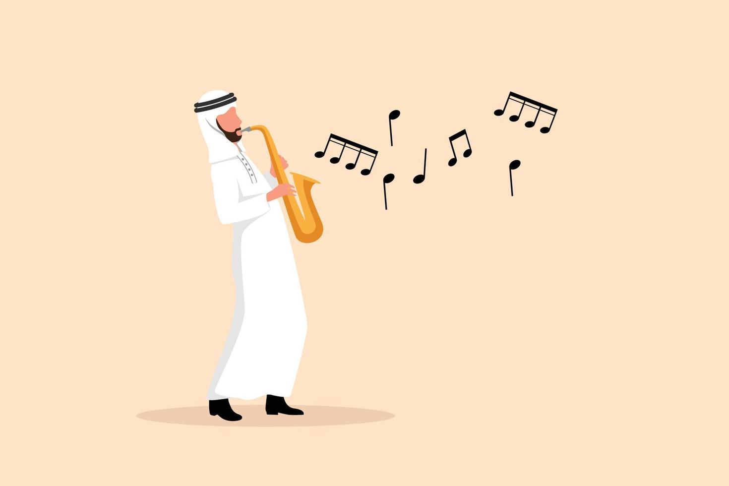 bedrijf vlak tekening Arabisch saxofonist karakter. jazz- of blues musicus, Mens spelen saxofoon. mannetje performer in festival jazz- muziek, jazz- band optredens. tekenfilm ontwerp vector illustratie