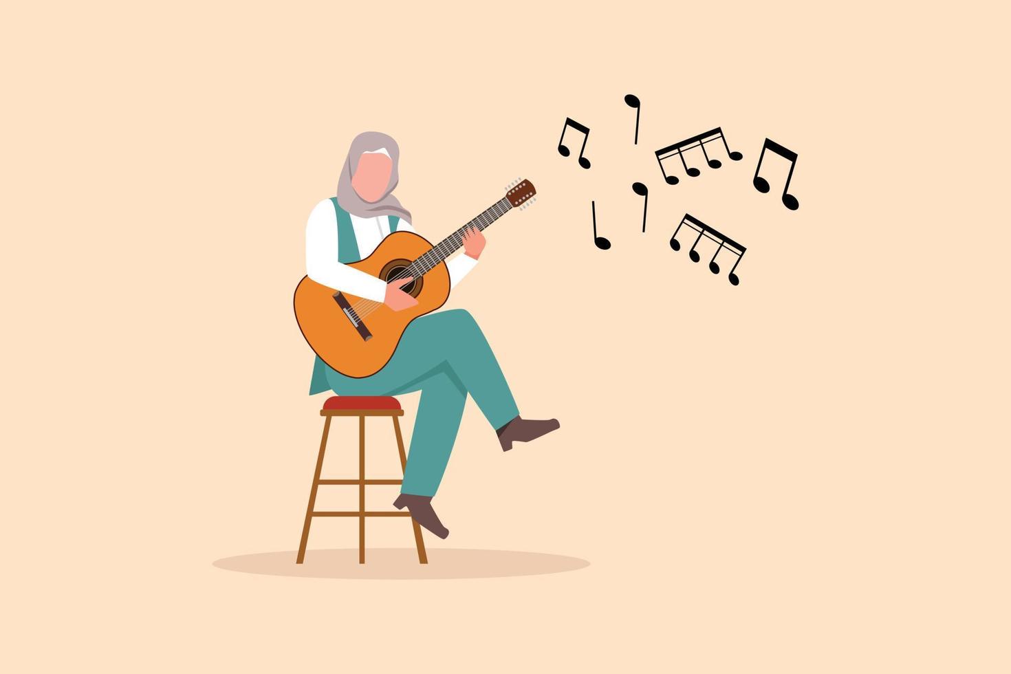 bedrijf vlak tekenfilm stijl tekening jong Arabisch vrouw spelen akoestisch gitaar. tiener- meisje musicus spelen strings Bij musical prestatie. professioneel musicus. grafisch ontwerp vector illustratie