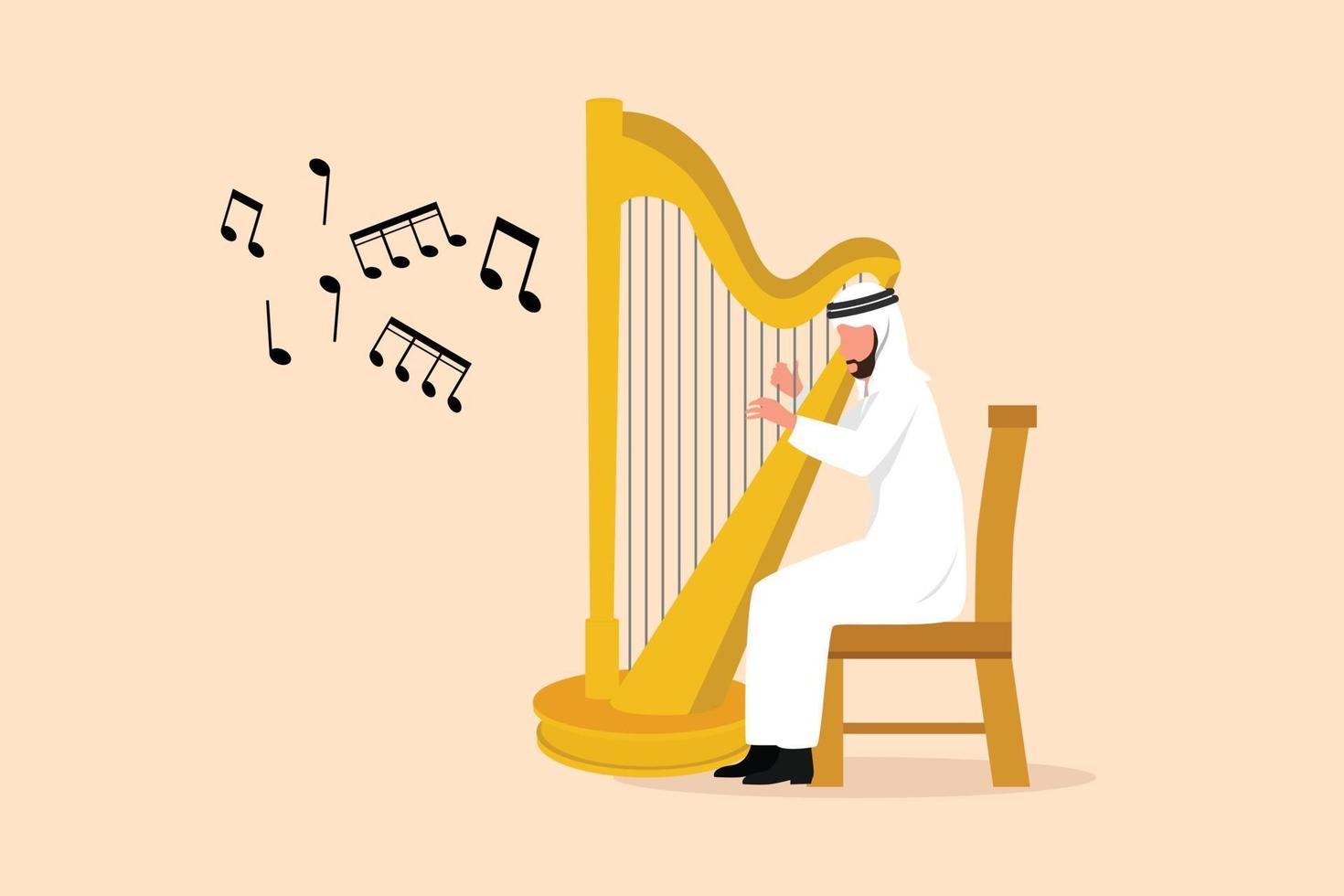bedrijf ontwerp tekening Arabisch Mens musicus spelen harp. klassiek muziek- performer karakter met musical instrument. mannetje zittend Aan stoel en spelen harp. vlak tekenfilm stijl vector illustratie