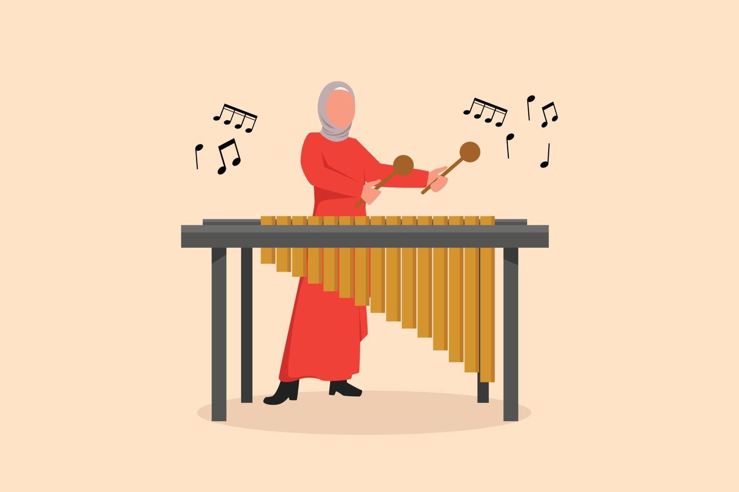 bedrijf vlak tekenfilm stijl tekening Arabisch vrouw percussie speler Speel marimba. vrouw musicus spelen traditioneel Mexicaans marimba instrument Bij muziek- festival. grafisch ontwerp vector illustratie