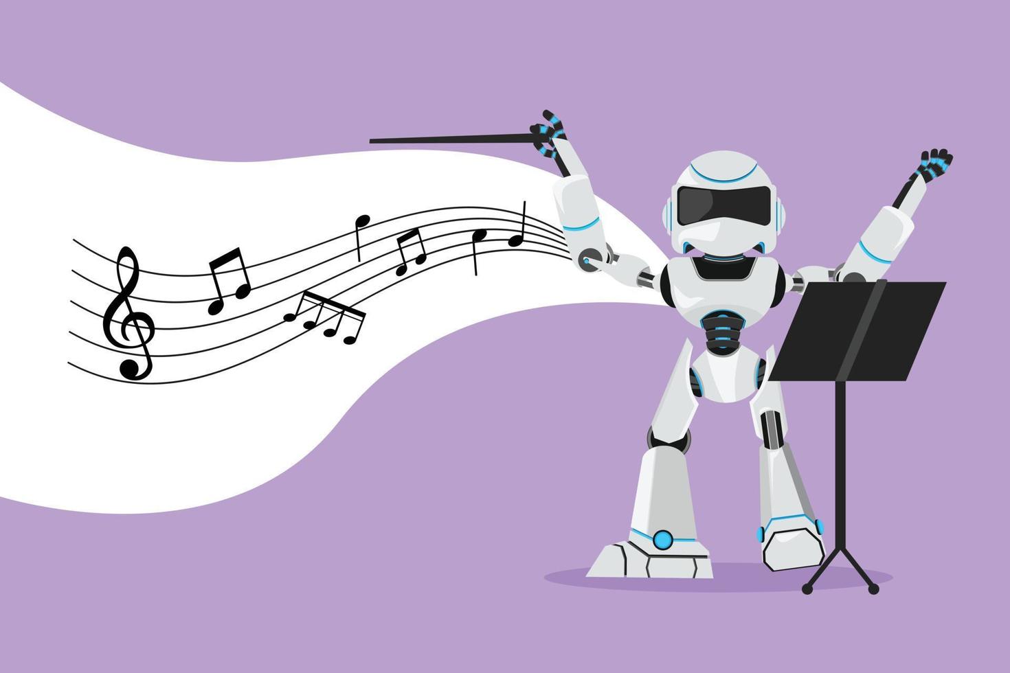 karakter vlak tekening expressief robot geleider regisseren muziek- orkest. klassiek muziek. modern robot kunstmatig intelligentie. elektronisch technologie industrie. tekenfilm ontwerp vector illustratie