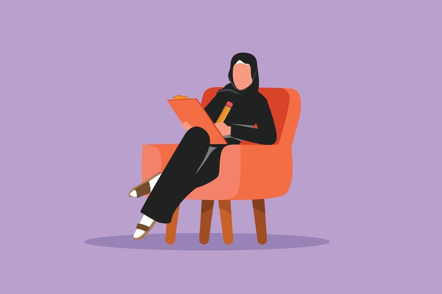 tekenfilm vlak stijl tekening Arabisch zakenvrouw schrijven Aan klembord. mooi vrouw uitvoerend zittend in fauteuil. succes vrouw nemen notities. psychologie overleg. grafisch ontwerp vector illustratie