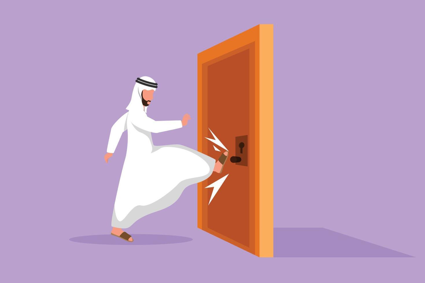 tekenfilm vlak stijl tekening jong Arabisch zakenman schopt deur Gesloten met zijn been. agressief bedrijf nadering. bedrijf worstelt voor succes in markt wedstrijd. grafisch ontwerp vector illustratie