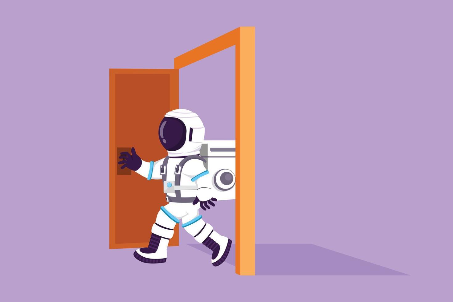 karakter vlak tekening jong astronaut wandelen door een Open deur kader in maan oppervlak. binnengaan nieuw markt uitdaging wedstrijd. kosmonaut buitenste ruimte concept. tekenfilm ontwerp vector illustratie