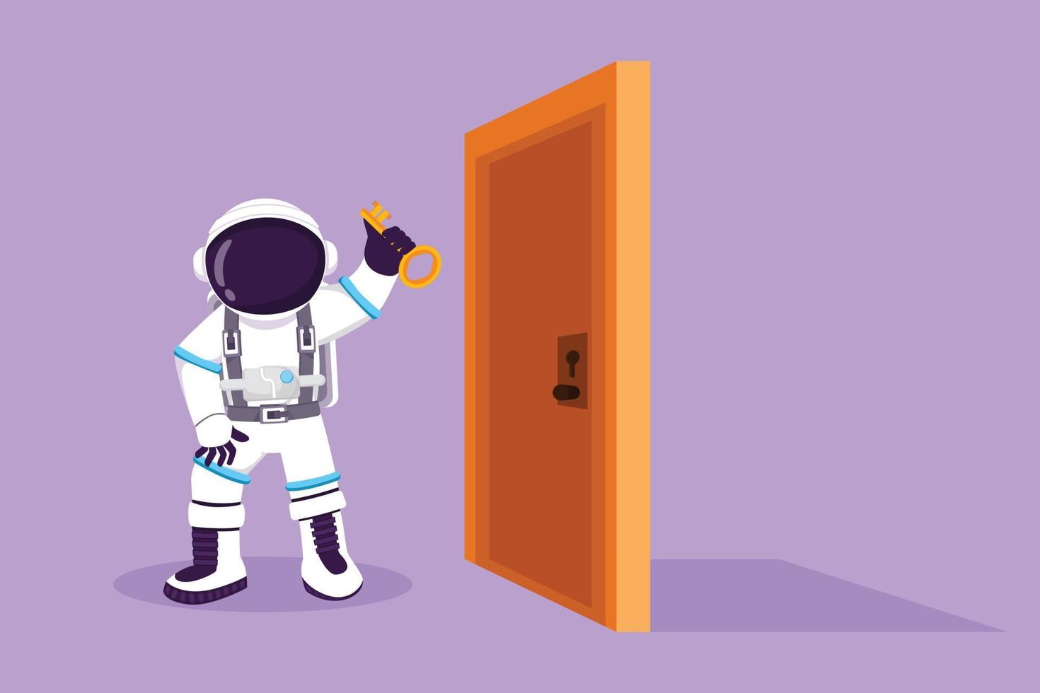 tekenfilm vlak stijl tekening jong astronaut hijs- sleutel in voorkant van deur in maan oppervlak. ruimtevaarder Holding sleutel naar Open kantoor kamer deur. kosmisch heelal ruimte concept. grafisch ontwerp vector illustratie