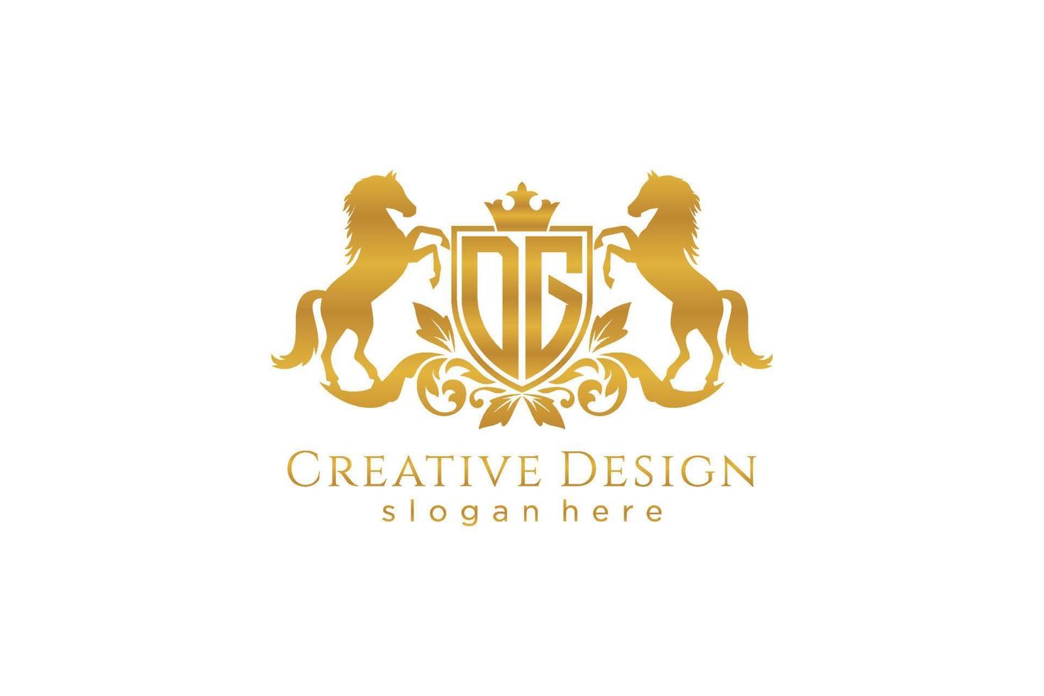 eerste dg retro gouden kam met schild en twee paarden, insigne sjabloon met scrollt en Koninklijk kroon - perfect voor luxueus branding projecten vector