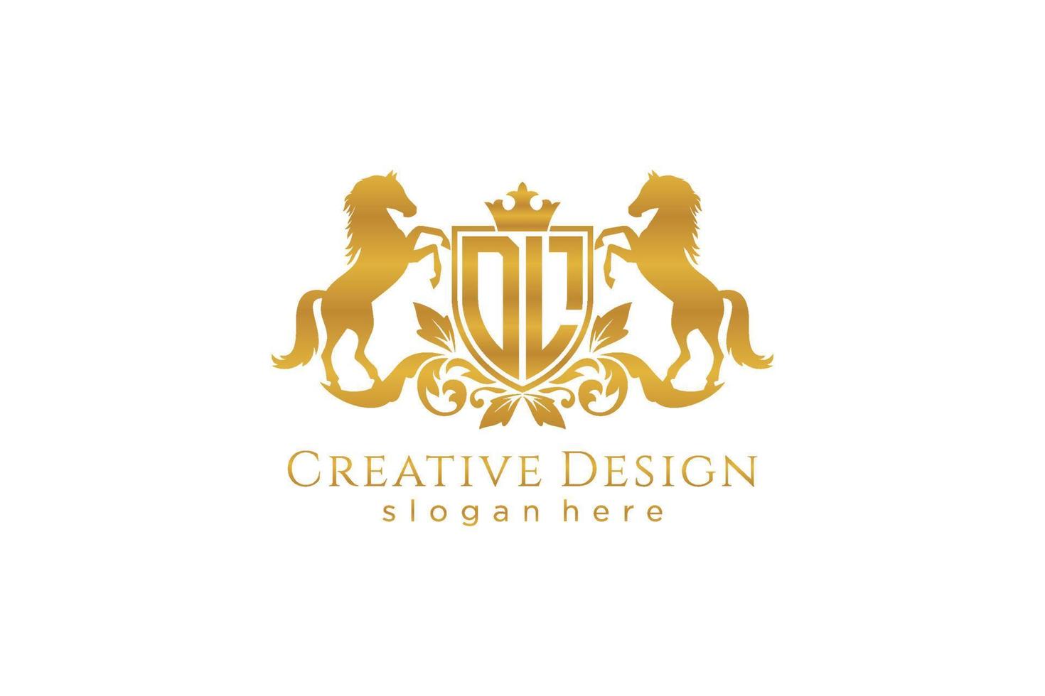 eerste dl retro gouden kam met schild en twee paarden, insigne sjabloon met scrollt en Koninklijk kroon - perfect voor luxueus branding projecten vector