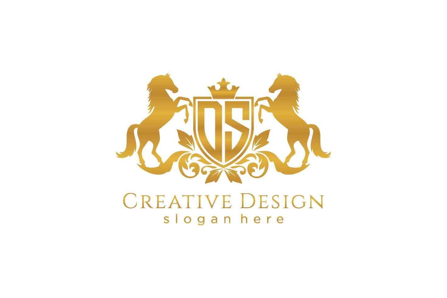 eerste ds retro gouden kam met schild en twee paarden, insigne sjabloon met scrollt en Koninklijk kroon - perfect voor luxueus branding projecten vector