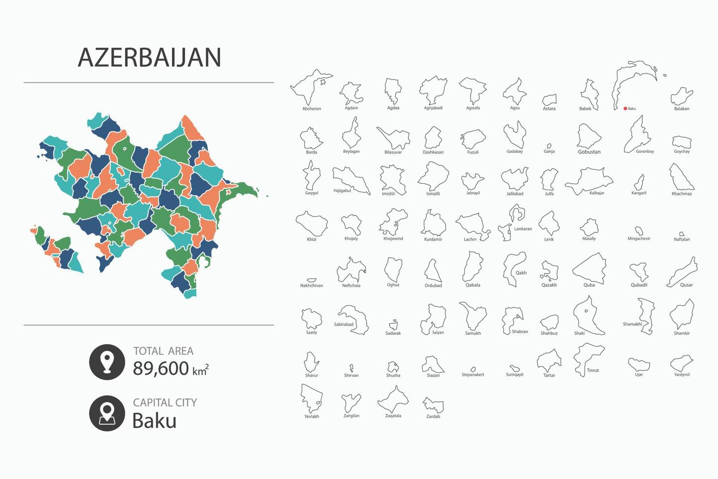 kaart van Azerbeidzjan met gedetailleerd land kaart. kaart elementen van steden, totaal gebieden en hoofdstad. vector