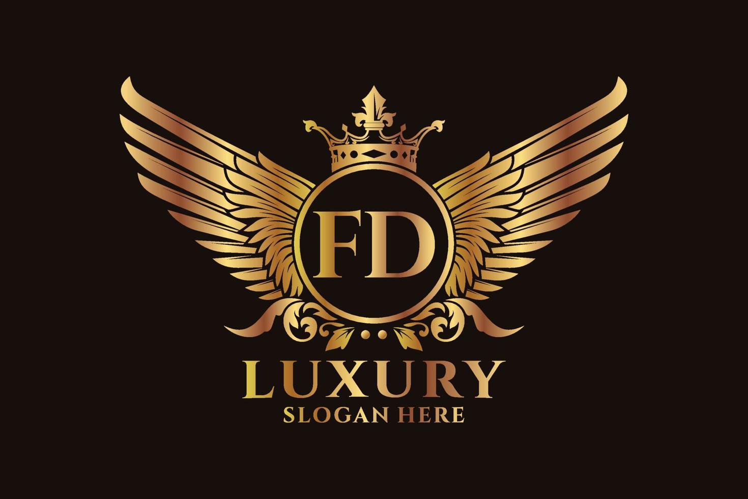 luxe Koninklijk vleugel brief fd kam goud kleur logo vector, zege logo, kam logo, vleugel logo, vector logo sjabloon.