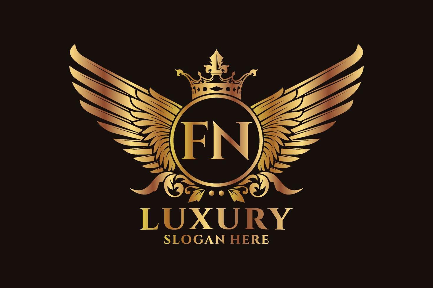 luxe Koninklijk vleugel brief fn kam goud kleur logo vector, zege logo, kam logo, vleugel logo, vector logo sjabloon.