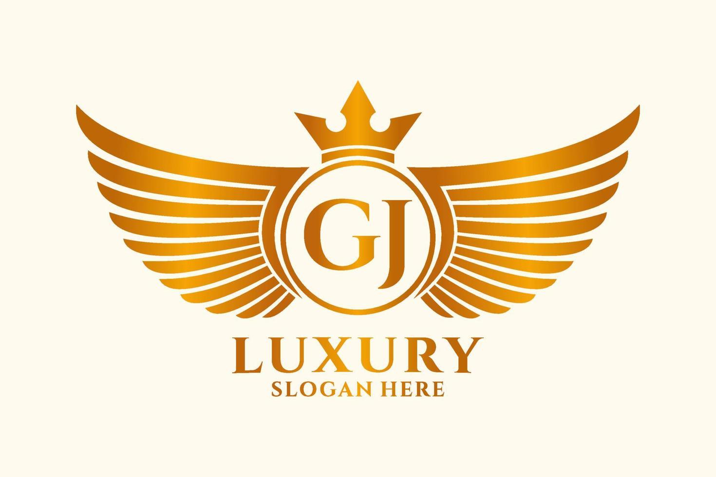 luxe Koninklijk vleugel brief gj kam goud kleur logo vector, zege logo, kam logo, vleugel logo, vector logo sjabloon.