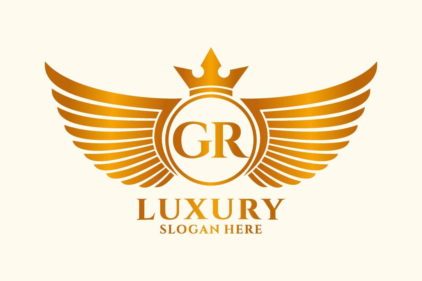 luxe Koninklijk vleugel brief gr kam goud kleur logo vector, zege logo, kam logo, vleugel logo, vector logo sjabloon.