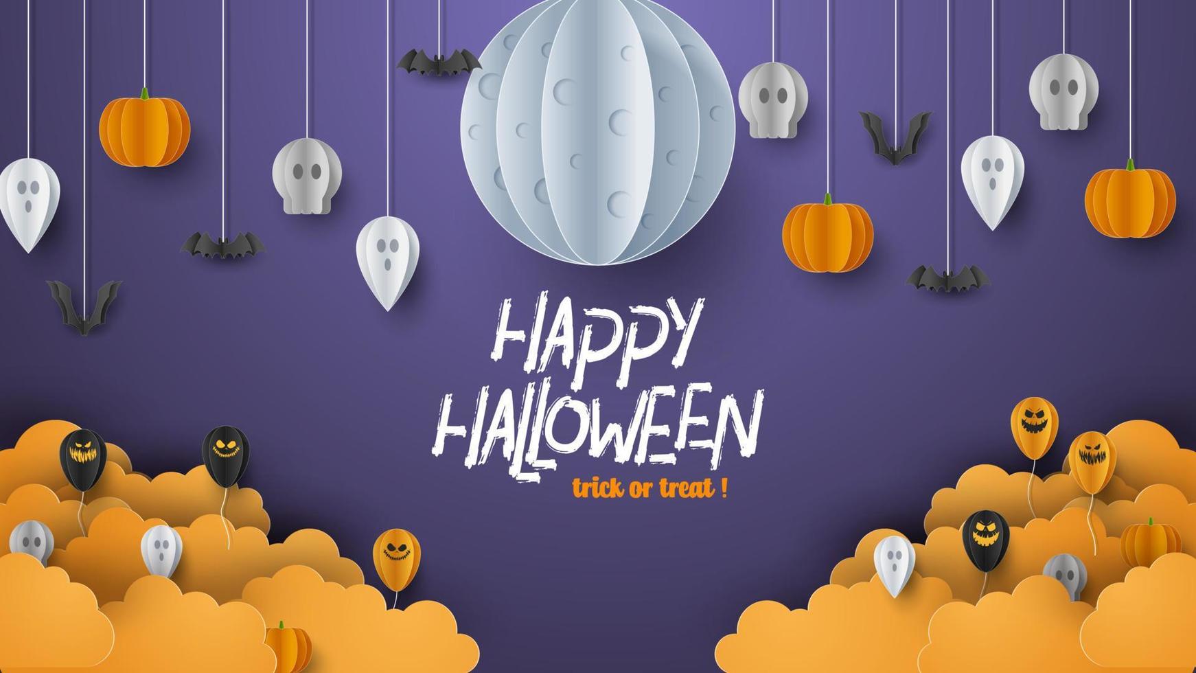 gelukkig halloween banier achtergrond met wolken en pompoenen in papier besnoeiing stijl. vol maan in de lucht, spinnen web, schedel, geest en vliegend vleermuizen. vector illustratie
