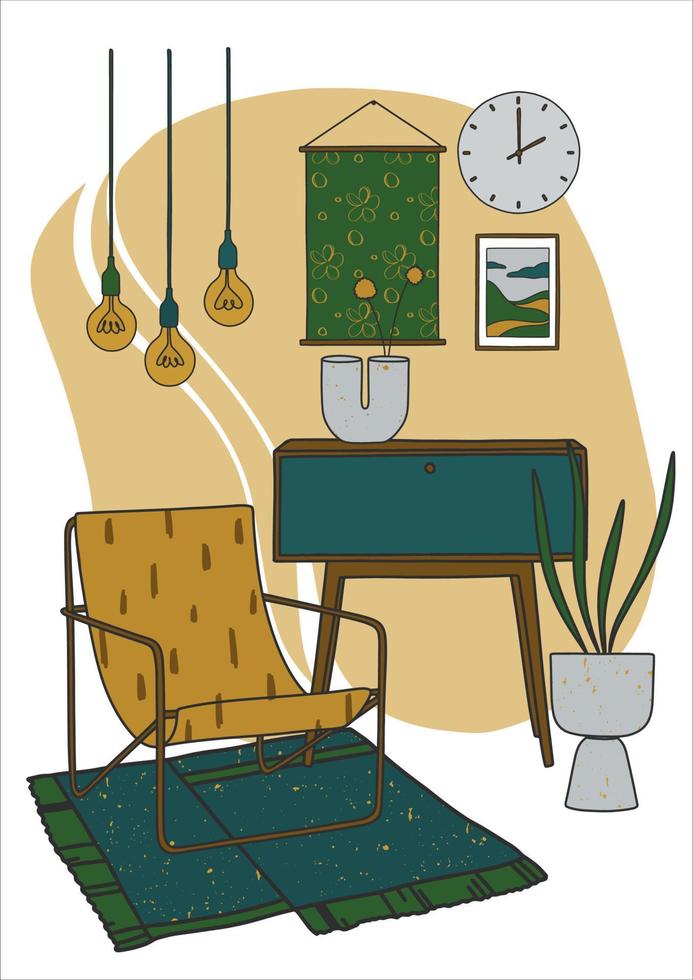 Scandinavisch leven kamer interieur. elegant fauteuil, borst van lades, lamp en mand met een huis fabriek. knus interieur. vector illustratie met hygge stijl meubilair. gemakkelijk, vlak ontwerp.