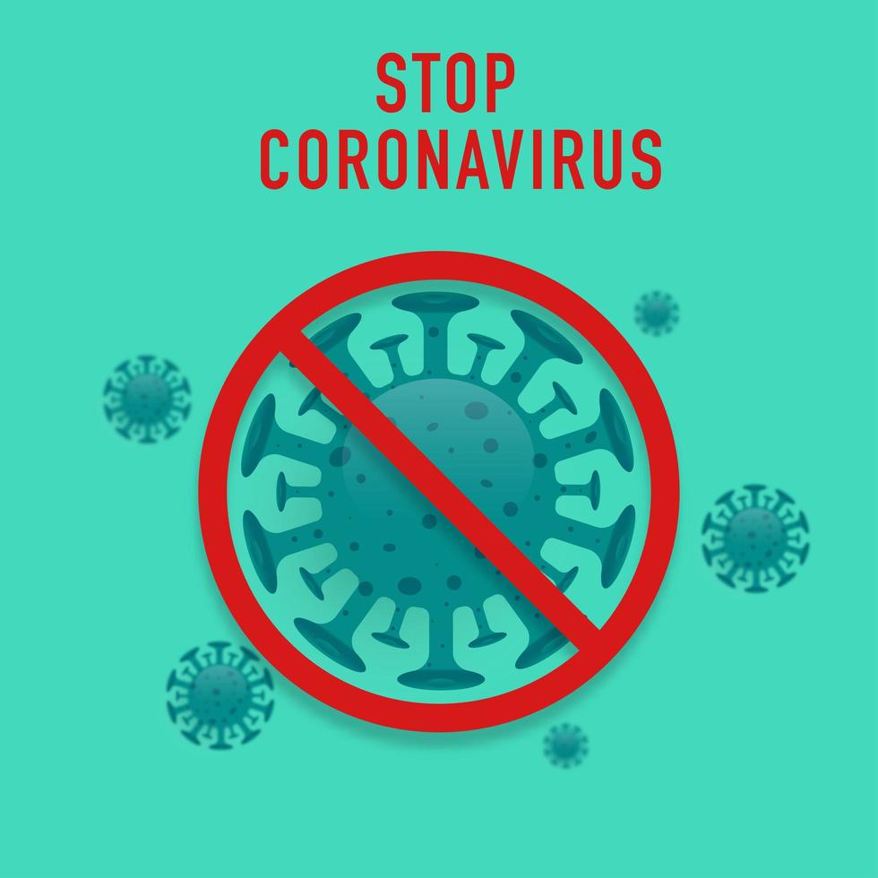 stop coronavirus-bord met viruscellen en waarschuwingssymbool vector