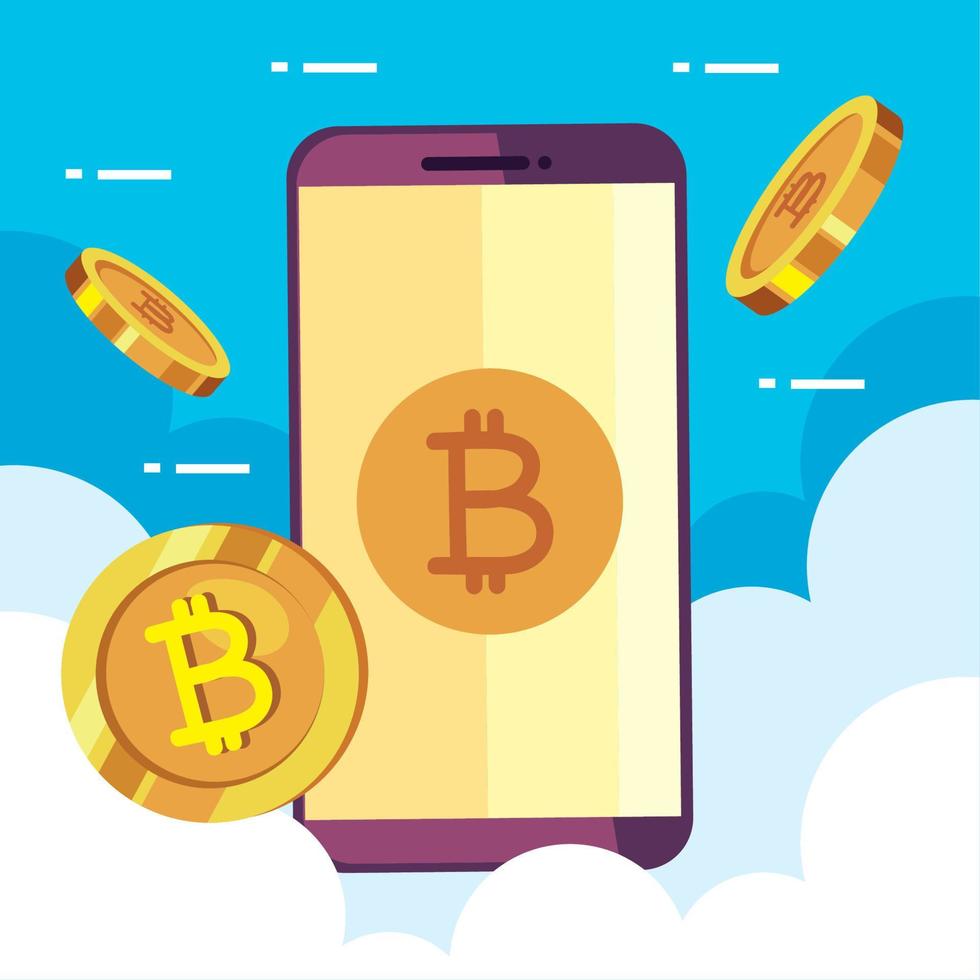 bitcoins in smartphone vector