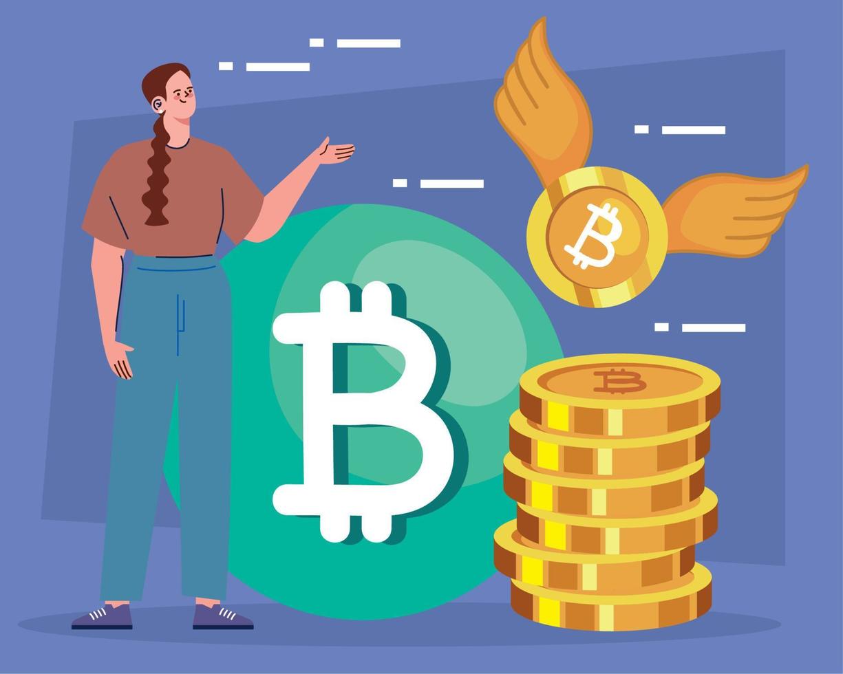 bitcoins vliegend en vrouw vector