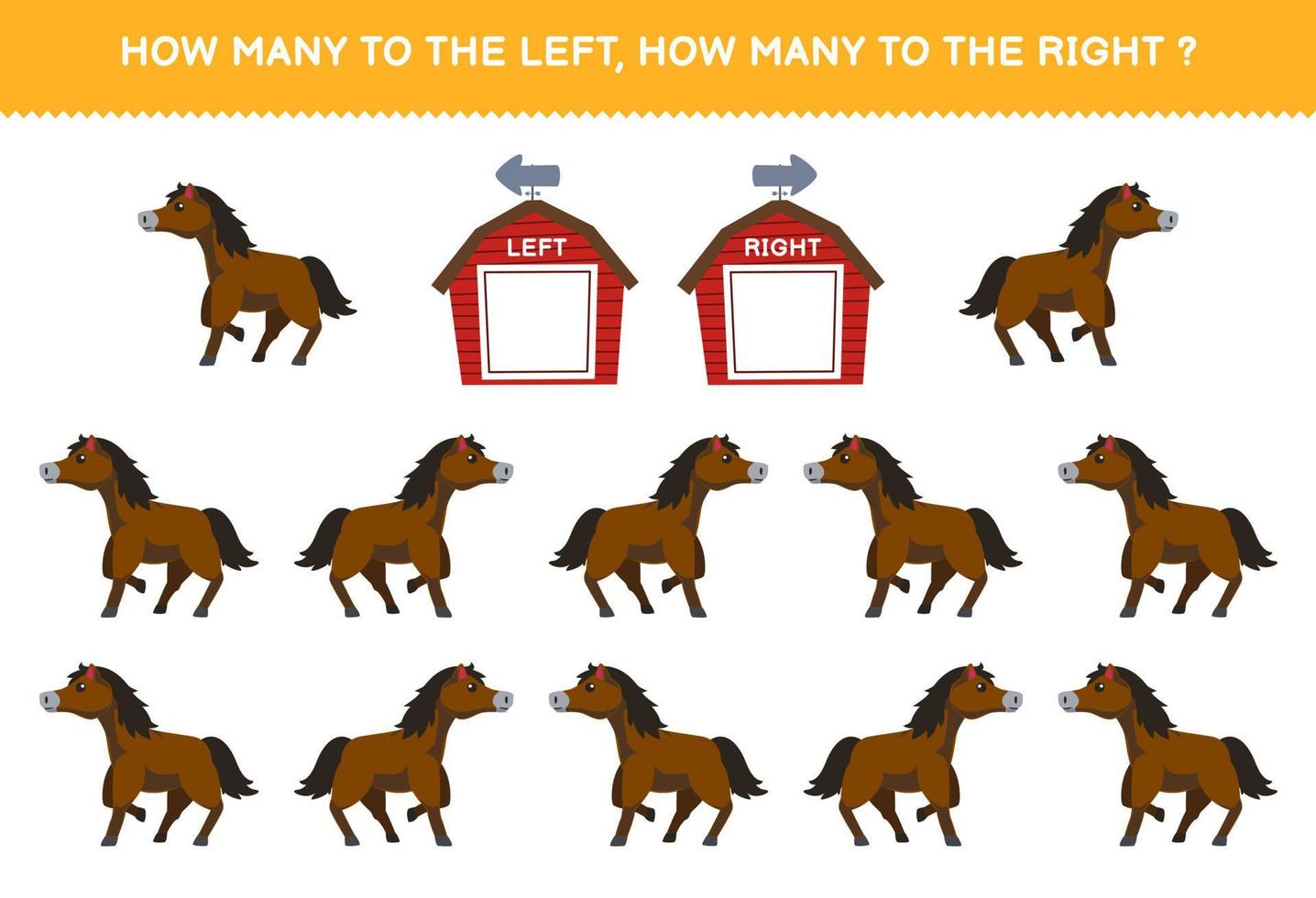 onderwijs spel voor kinderen van tellen links en Rechtsaf afbeelding van schattig tekenfilm paard afdrukbare boerderij werkblad vector