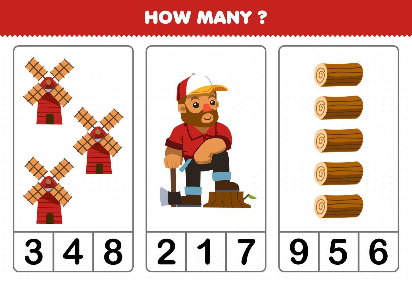 onderwijs spel voor kinderen tellen hoe veel schattig tekenfilm windmolen houthakker hout log afdrukbare boerderij werkblad vector