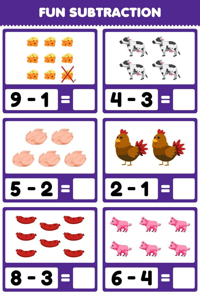 onderwijs spel voor kinderen pret aftrekken door tellen en elimineren schattig tekenfilm kaas koe vlees kip worst varken afdrukbare boerderij werkblad vector