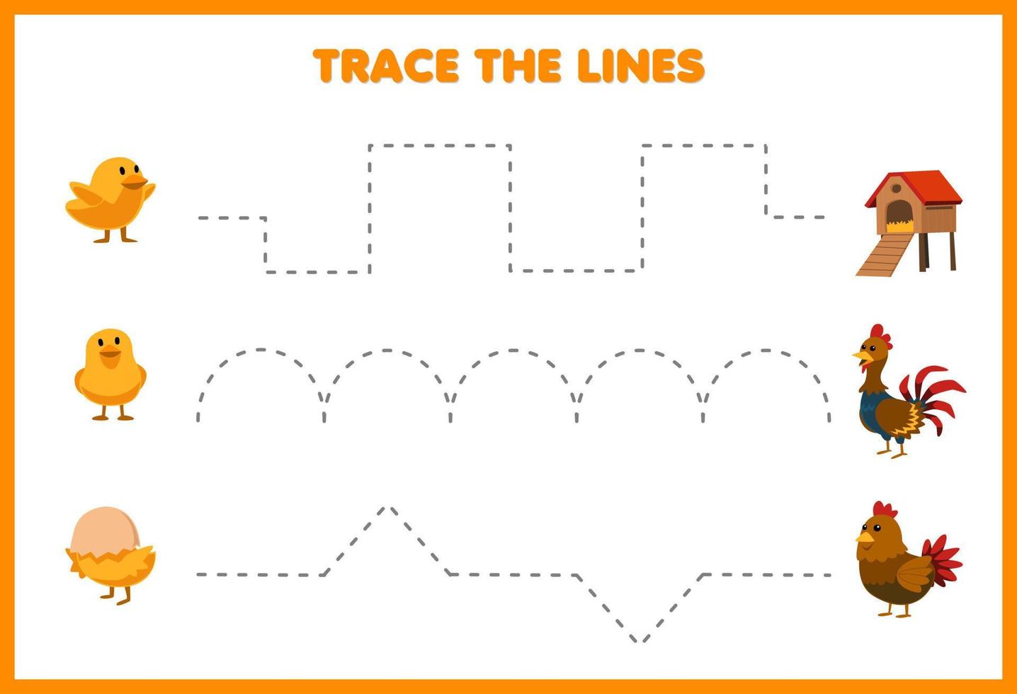 onderwijs spel voor kinderen handschrift praktijk spoor de lijnen met schattig tekenfilm kuiken kip coop haan kip afbeelding afdrukbare boerderij werkblad vector