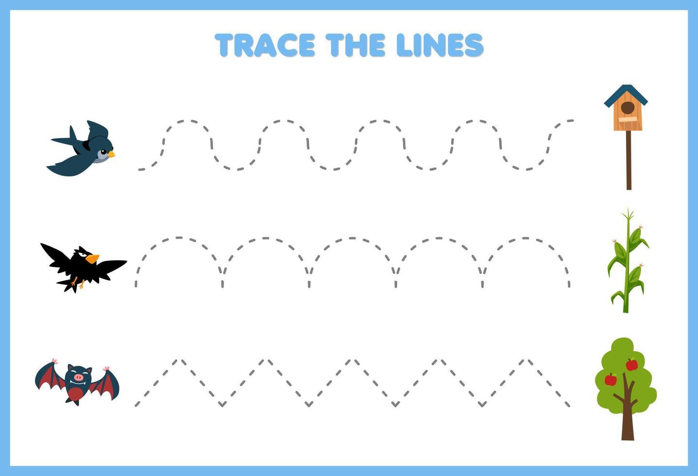 onderwijs spel voor kinderen handschrift praktijk spoor de lijnen met schattig tekenfilm vogel kraai knuppel boom vogel huis afbeelding afdrukbare boerderij werkblad vector