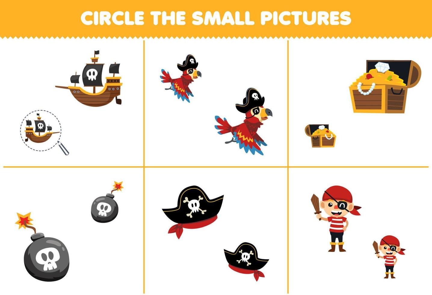 onderwijs spel voor kinderen cirkel de klein afbeelding van schattig tekenfilm schip papegaai schat borst bom hoed piraat afdrukbare halloween werkblad vector
