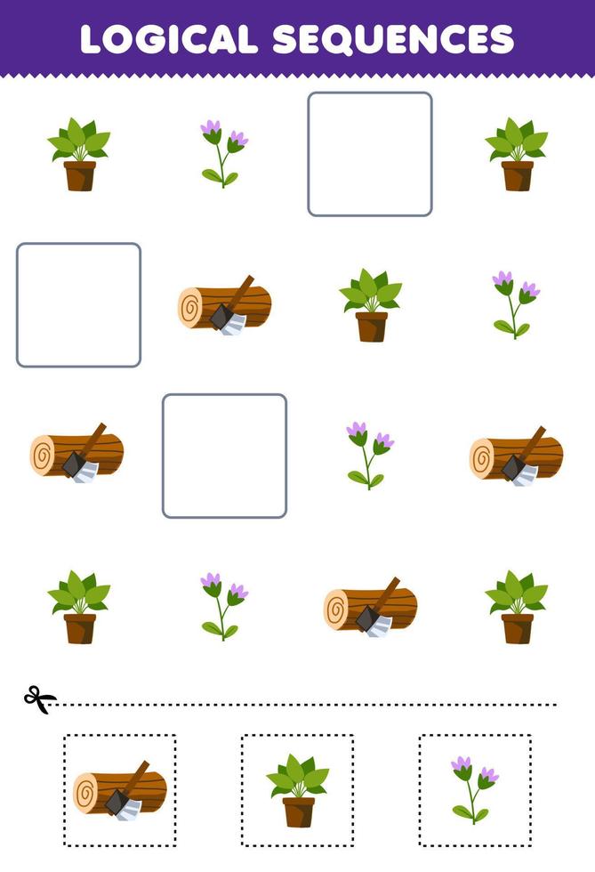 onderwijs spel voor kinderen logisch opeenvolgingen voor kinderen met schattig tekenfilm bloem fabriek hout log afbeelding afdrukbare boerderij werkblad vector