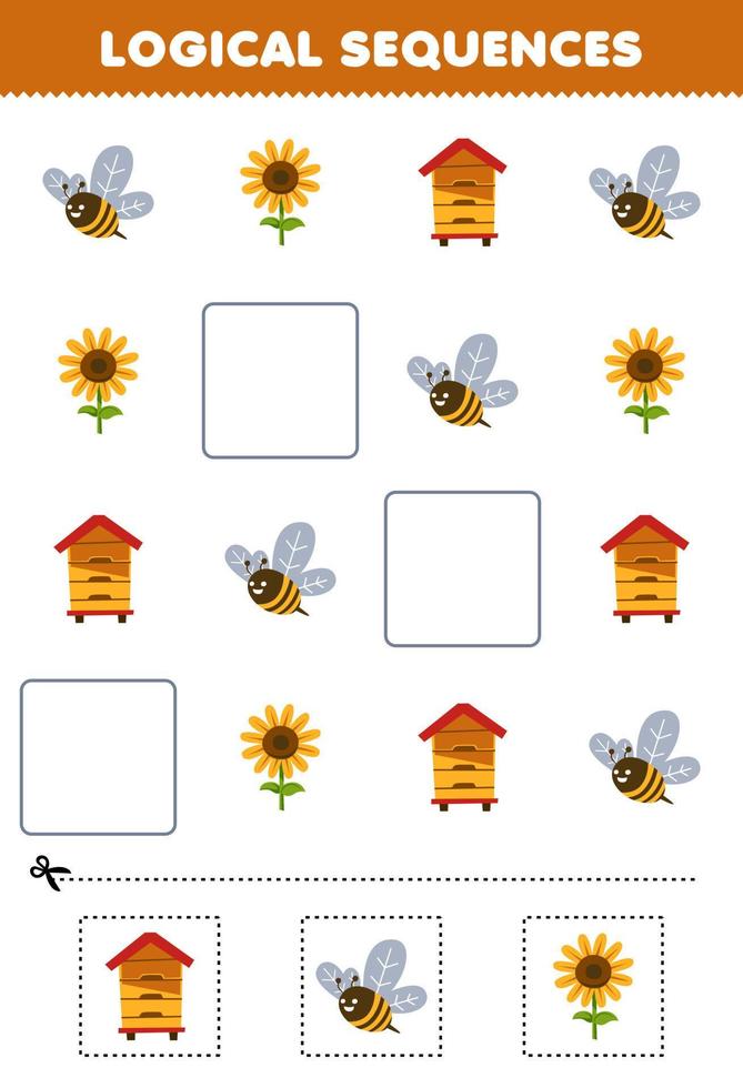 onderwijs spel voor kinderen logisch opeenvolgingen voor kinderen met schattig tekenfilm bij zonnebloem bijenkorf afbeelding afdrukbare boerderij werkblad vector