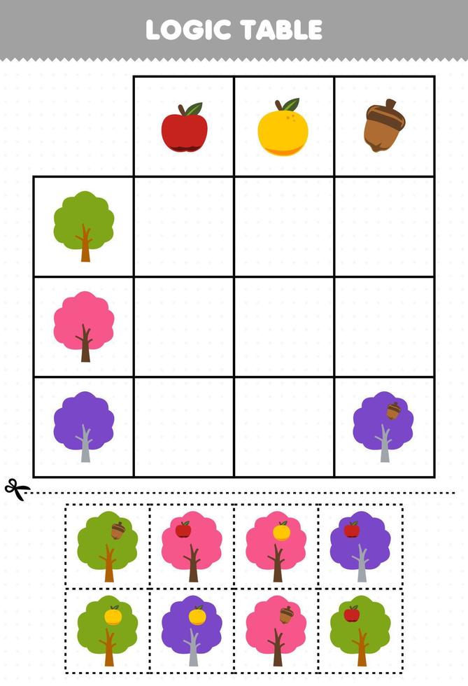 onderwijs spel voor kinderen logica tafel besnoeiing en bij elkaar passen van schattig tekenfilm appel oranje pinda en boom afbeelding afdrukbare boerderij werkblad vector