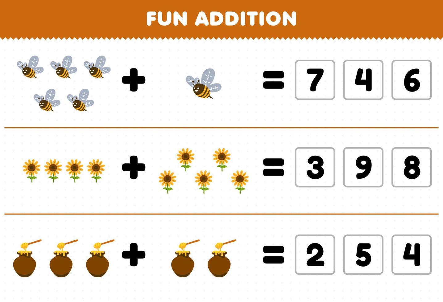 onderwijs spel voor kinderen pret toevoeging door Raad eens de correct aantal van schattig tekenfilm bij zonnebloem honing afdrukbare boerderij werkblad vector