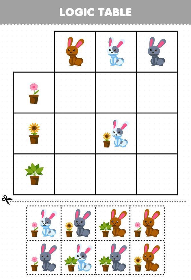 onderwijs spel voor kinderen logica tafel besnoeiing en bij elkaar passen van schattig tekenfilm bloem fabriek en konijn afbeelding afdrukbare boerderij werkblad vector