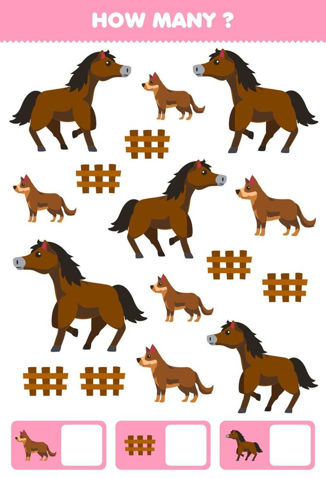 onderwijs spel voor kinderen zoeken en tellen hoe veel voorwerpen van schattig tekenfilm hond hek paard afdrukbare boerderij werkblad vector