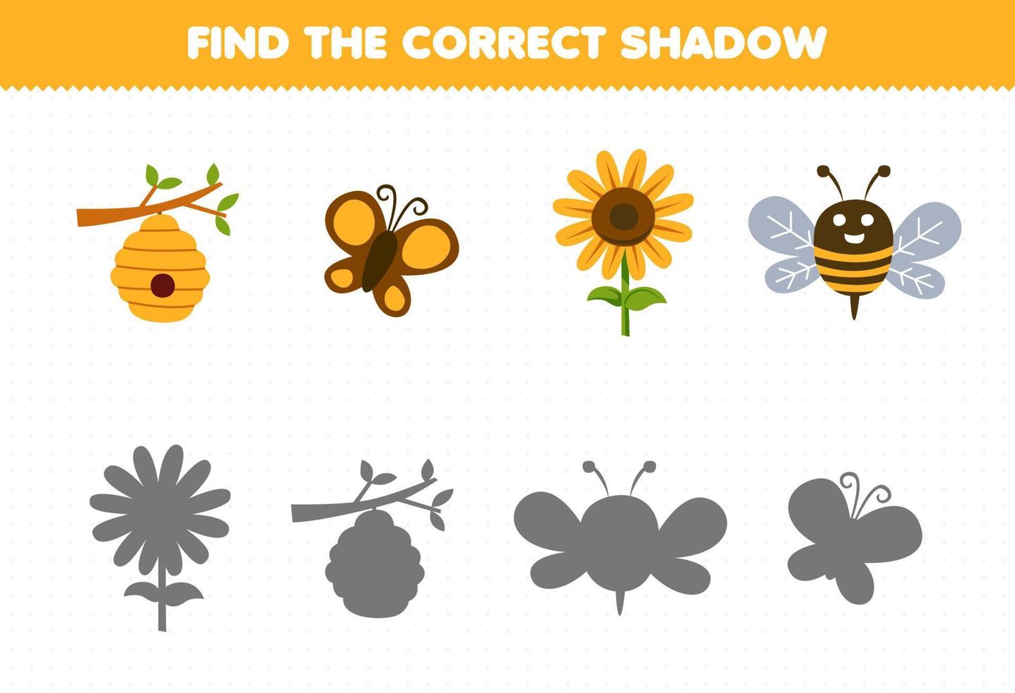 onderwijs spel voor kinderen vind de correct schaduw reeks van schattig tekenfilm bijenkorf vlinder zonnebloem bij afdrukbare boerderij werkblad vector