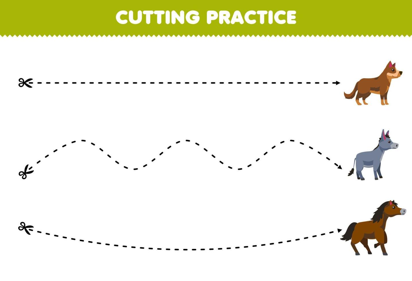 onderwijs spel voor kinderen snijdend praktijk met schattig tekenfilm hond ezel paard afdrukbare dier boerderij werkblad vector