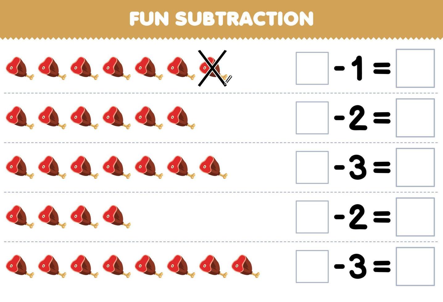 onderwijs spel voor kinderen pret aftrekken door tellen tekenfilm ham rundvlees vlees in elk rij en elimineren het afdrukbare voedsel werkblad vector