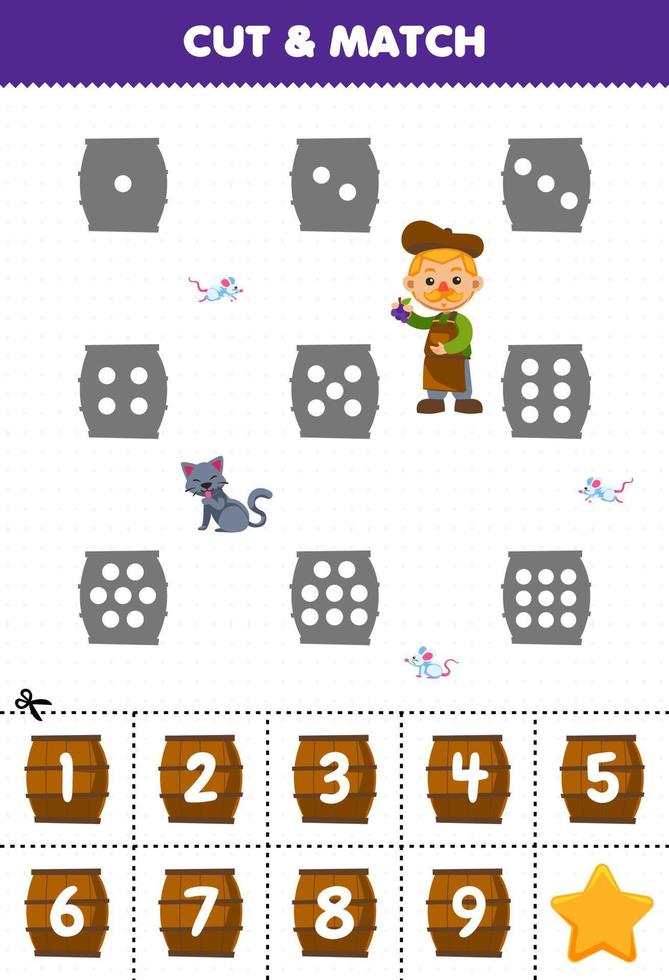 leerzaam spel voor kinderen tellen de dots Aan elk silhouet en bij elkaar passen hen met de correct genummerd vat afdrukbare boerderij werkblad vector
