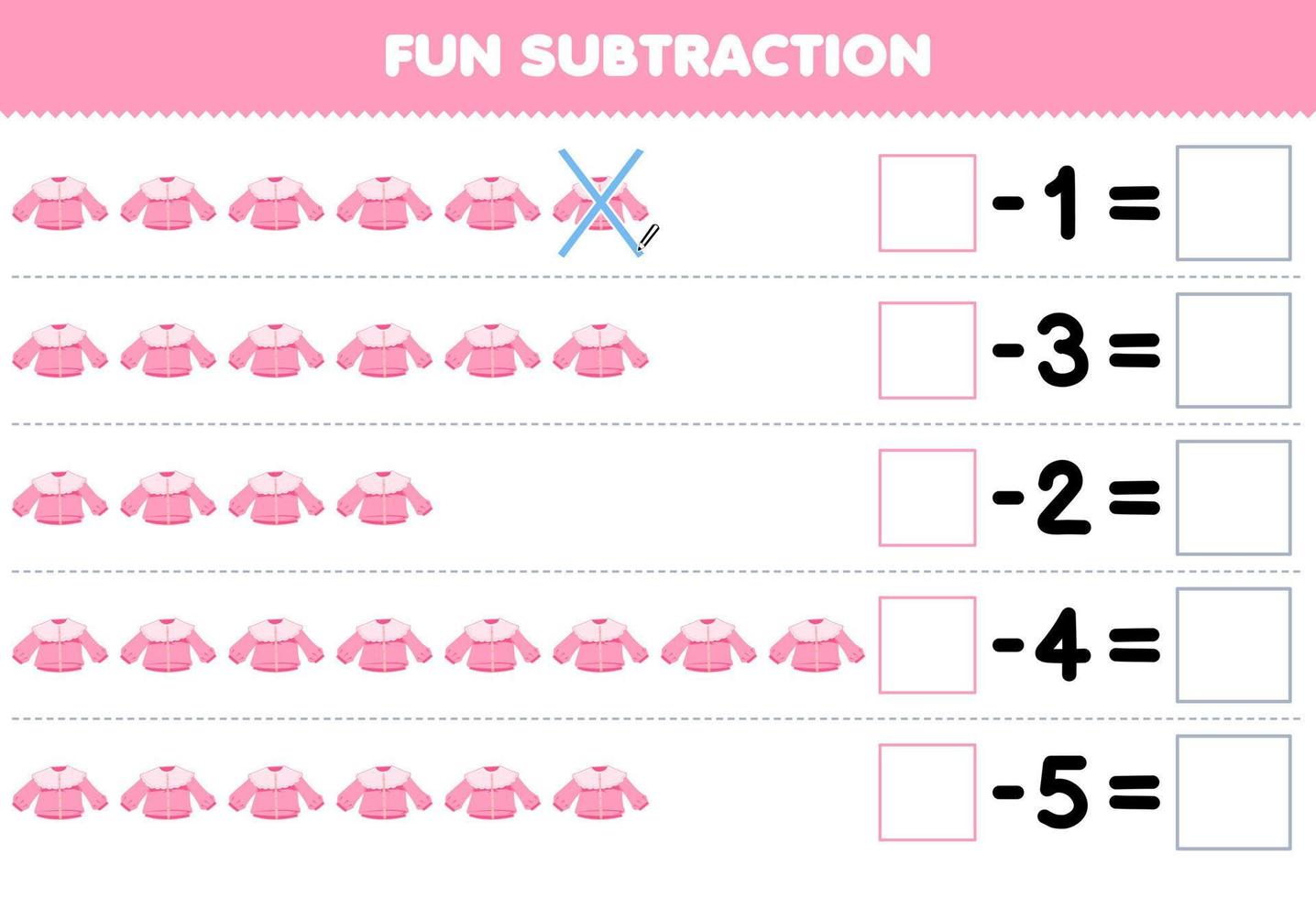 onderwijs spel voor kinderen pret aftrekken door tellen tekenfilm roze blouse in elk rij en elimineren het afdrukbare draagbaar kleren werkblad vector