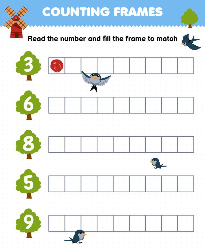 leerzaam spel voor kinderen lezen de aantal en vullen de kaders van schattig tekenfilm boom afdrukbare boerderij werkblad vector