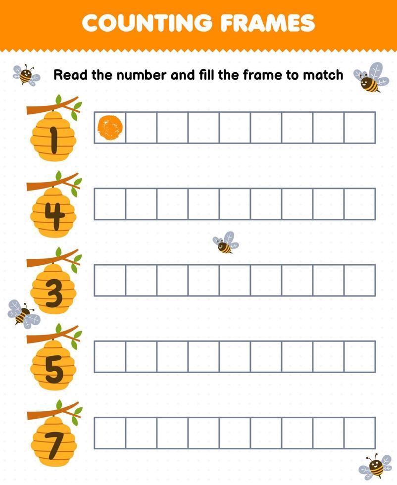 leerzaam spel voor kinderen lezen de aantal en vullen de kaders van schattig tekenfilm bijenkorf afdrukbare boerderij werkblad vector