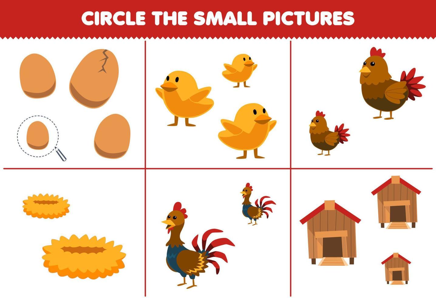 onderwijs spel voor kinderen cirkel de klein afbeelding van schattig tekenfilm ei kuiken kip kip haan nest coop afdrukbare boerderij werkblad vector
