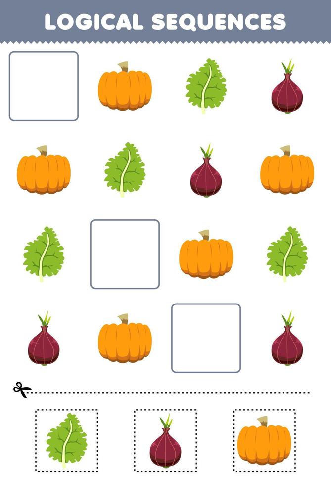 onderwijs spel voor kinderen logisch opeenvolgingen voor kinderen met schattig tekenfilm pompoen boerenkool sjalot afdrukbare groente werkblad vector