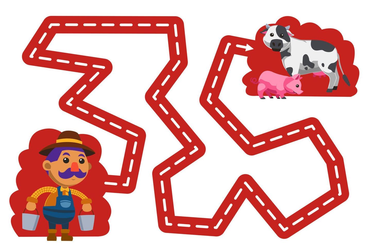 onderwijs spel voor kinderen handschrift praktijk spoor de lijnen helpen schattig tekenfilm boer Actie naar varken en koe afdrukbare boerderij werkblad vector