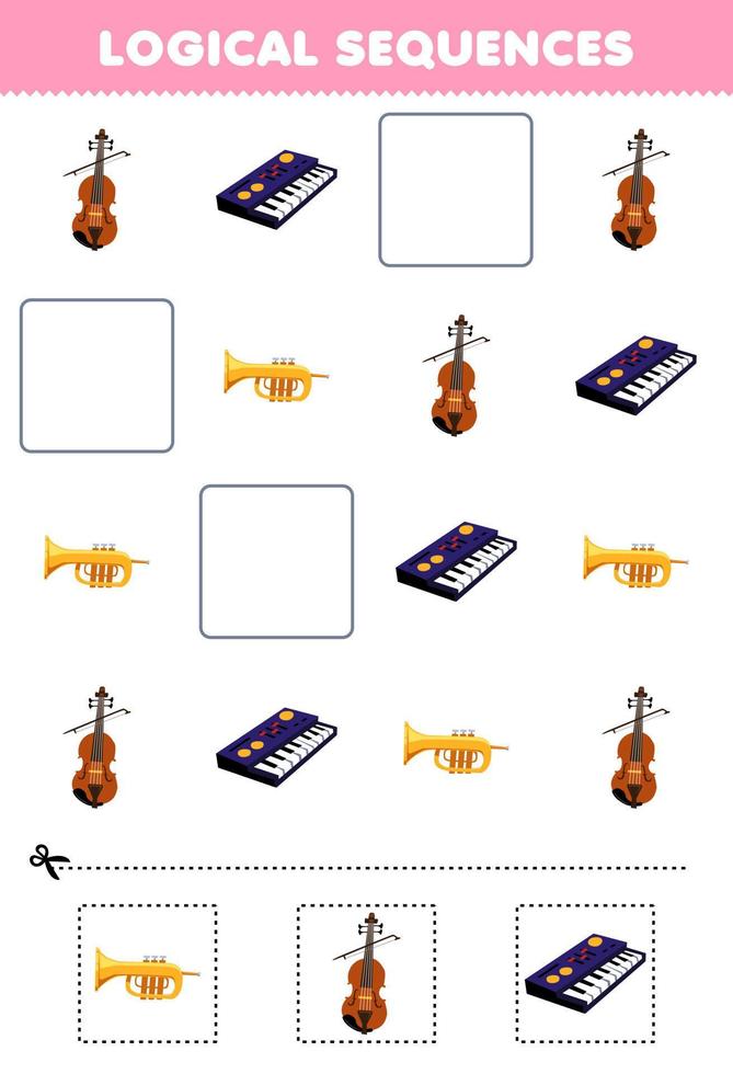 onderwijs spel voor kinderen logisch opeenvolgingen voor kinderen met tekenfilm viool toetsenbord trompet afdrukbare muziek- instrument werkblad vector