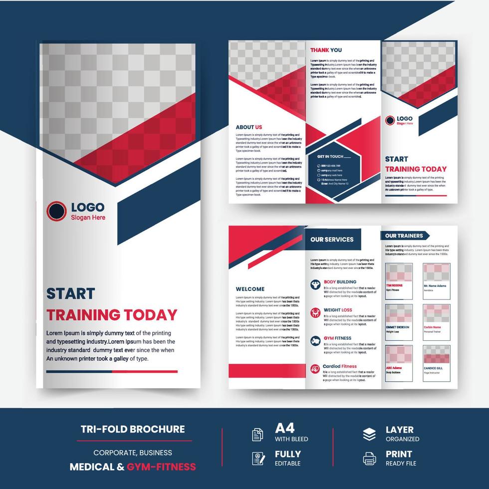 Sportschool drievoud brochure ontwerp sjabloon, geschiktheid Hoes bladzijde, en brochure yoga folder ontwerp sjabloon. vector